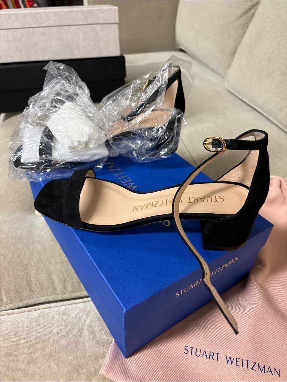 Stuart Weitzman Black Suede Block Heel Ankle-Strap Sandals